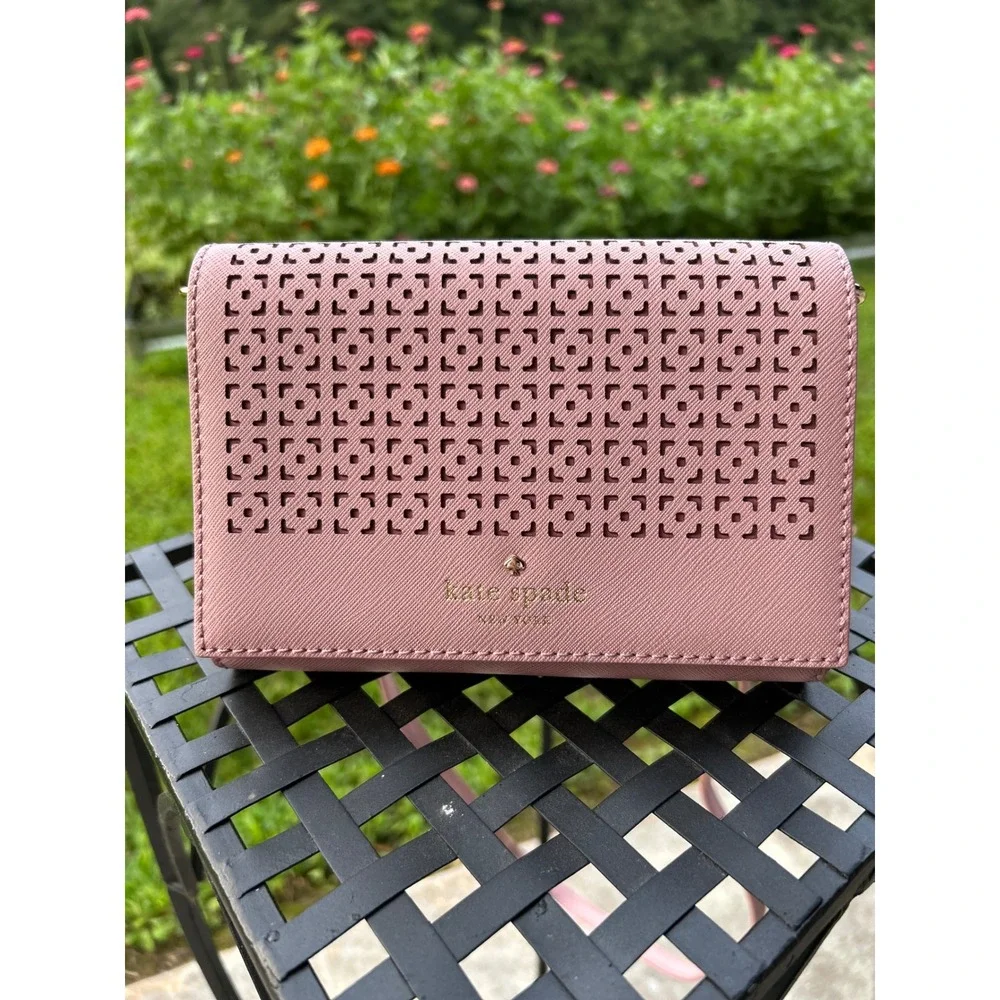 Kate Spade Cedar Street Perforated Cami Crossbody Clutch Pink Saffiano Like New!